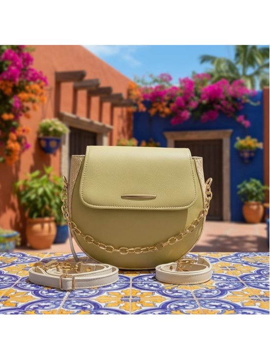 Handmade Handbags - 2 Straps Soft Yellow Ivory Embossed Tooled Artisan LEATHER Crossbody Purse Bag